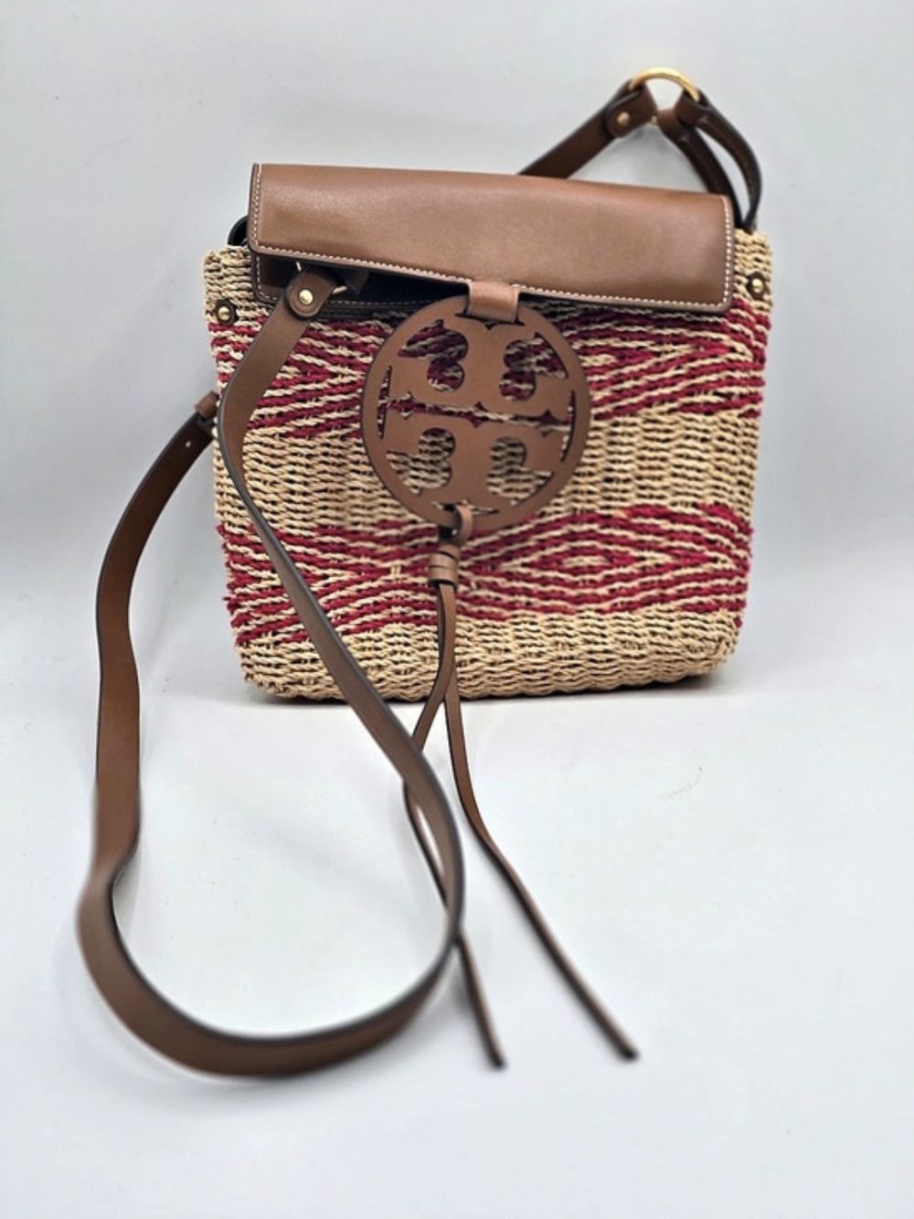 Tory Burch Miller Straw Crossbody Bag Brown & Pink